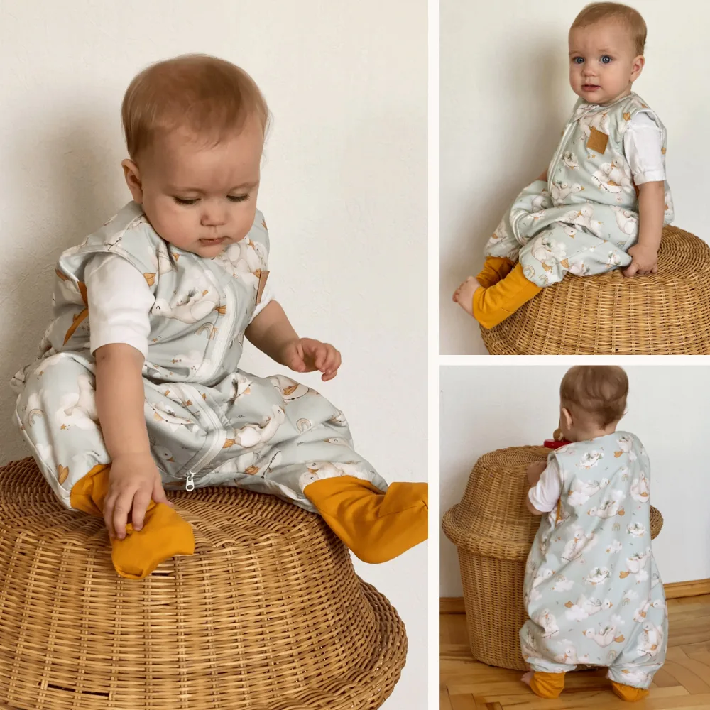 Cotton baby sleeping bag with legs, all-season Lullaby Goslings design, featuring soft white cuffs, suitable for children aged 6 months to 5 years.