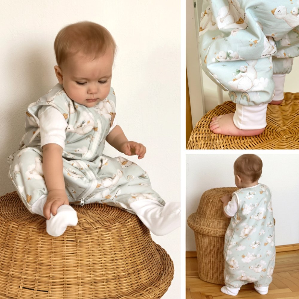 All-season cotton baby sleeping bag with legs, Lullaby Goslings design, featuring soft white cuffs, suitable for children aged 6 months to 5 years.